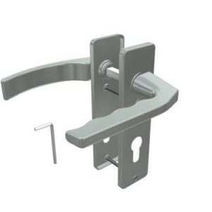 Aluminiowa asymetryczna klamka do drzwi serwisowych (kompletna) z szyldem, stosować razem z zamkiem 280000 i wkładem 25147